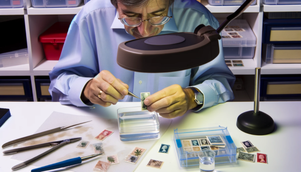 A horizontal image depicting a philatelist using specialized conservation techniques to clean postage stamps. The scene shows the philatelist in a well-equipped workspace, engaged in the delicate process described. He is carefully submerging stamps in a clear container of water, with a hint of vinegar visible, aimed at preserving the colors and disinfecting the stamps. The focus is on his gentle handling of the stamps, using tweezers to avoid direct contact, ensuring no damage. The setup includes a well-lit table with the necessary tools and a magnifying glass, emphasizing the precision required to maintain the stamps' condition, reflecting the critical step of proper cleaning for optimal stamp preservation.
https://cryptostampstop.com/