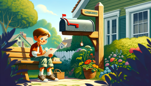 POSTCROSSING : A Pixar-style digital illustration of a young boy sitting on a garden bench next to a traditional American mailbox, writing a postcard. The mailbox is mounted on a wooden post with a small red flag, and it's situated in a charming garden setting. The boy is focused and smiling as he writes on the postcard, which is intended to be sent to a friend from Postcrossing. He is surrounded by lush greenery and flowers, indicating a well-maintained garden. The scene captures a sunny day with a clear blue sky, and the background features a glimpse of a cozy suburban house.