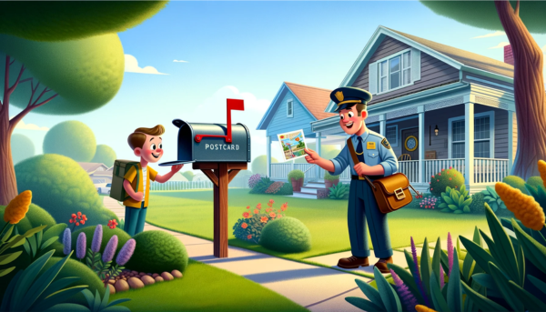 POSTCROSSING A Pixar-style digital illustration of a mail carrier delivering a postcard to a young person in the garden of a house, next to a traditional American mailbox. The scene is set in a charming suburban environment, with the mailbox mounted on a wooden post and featuring a small red flag. The mail carrier, in a uniform, is handing over a colorful postcard, indicating it's from a Postcrossing friend. The young recipient shows a look of pleasant surprise and excitement. The garden is lush and well-maintained, and the background includes a view of the house and clear blue sky.