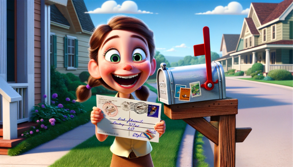 Postcrossing: A Pixar-style digital illustration of a young girl excitedly retrieving a postcard from a traditional American mailbox. The mailbox is mounted on a wooden post, with a small red flag on the side, and located at the end of a picturesque suburban driveway. The girl has a joyful expression, with wide eyes and a big smile, as she holds the postcard in her hands. The postcard has colorful stamps and handwriting on it, signaling it's from a friend from Postcrossing. The scene is set during a sunny day with a clear blue sky, and the background features well-kept lawns and suburban houses.