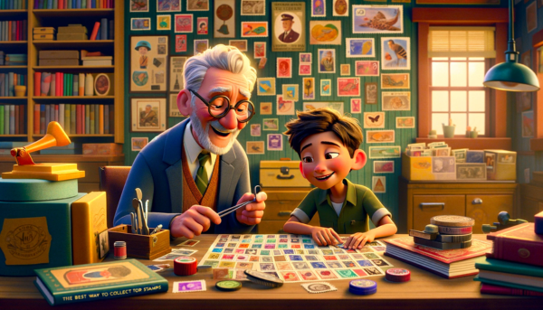  A vibrant, Pixar-style animated depiction of a joyful elderly man and a teenager engrossed in philately. The setting is a room adorned with stamp motifs and packed with stamp albums. The older man, exuding kindness and wisdom, imparts his knowledge about various stamps to the enthusiastic, inquisitive boy. They use tools like magnifying glasses and tweezers for examination, and a book titled 'The Best Way to Collect Stamps: Strategies and Tips' is clearly visible. The scene radiates warmth and highlights the intergenerational connection fostered by their shared passion for stamp collecting.