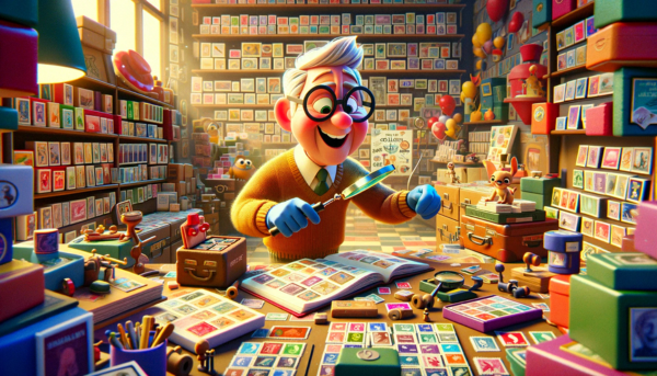 An animated scene in the style of Pixar, depicting a joyful and colorful setting related to stamp collecting. The scene includes a character resembling a friendly and enthusiastic hobbyist surrounded by a vibrant collection of stamps from around the world. The character is shown organizing and examining stamps with tools like magnifying glass and tweezers, with a book titled 'The Best Way to Collect Stamps: Strategies and Tips' prominently displayed. The background is filled with shelves of albums and stamp-themed decorations, creating an engaging and inviting atmosphere for stamp enthusiasts.