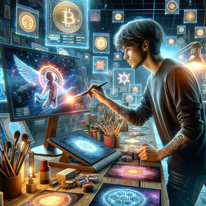 Hyper-realistic square image depicting a young artist designing a Crypto Stamp or NFT Stamp. The scene should show the artist focused on their work, surrounded by digital screens displaying the intricate designs of the stamp, blending traditional artistry with digital innovation. The environment should reflect a creative workspace, filled with art tools, digital tablets, and glowing screens showcasing the NFT art. The artist should appear engaged and passionate, embodying the fusion of art and technology. Include the URL 'https://www.cryptostampstop.com/' subtly integrated into the scene, possibly on one of the digital screens or as part of the workspace decor.