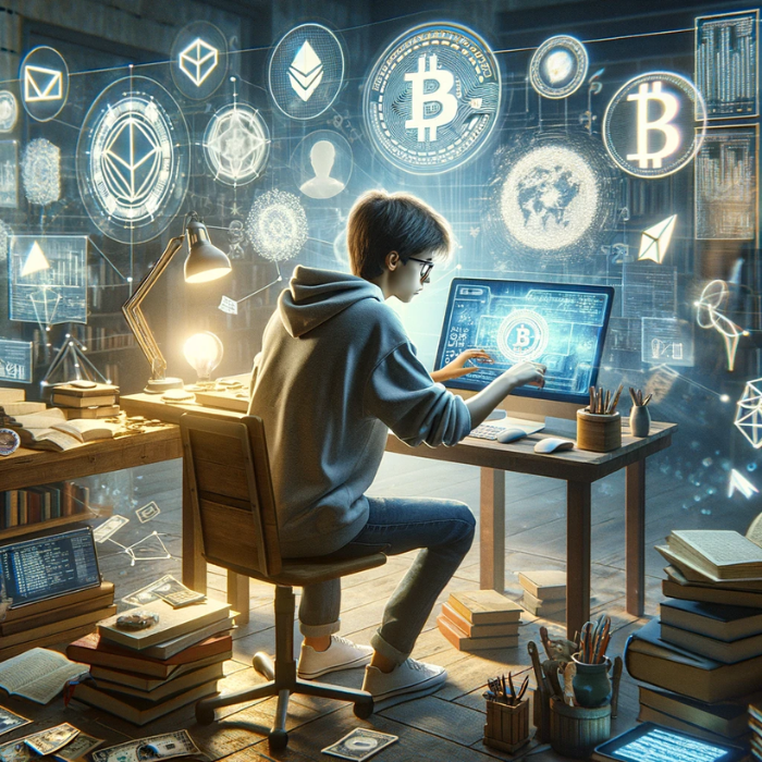 Hyper-realistic square image depicting a young individual learning about Blockchain, Cryptocurrencies, Crypto Stamp, or NFT Stamp. The scene should capture the moment of discovery and curiosity, with the young person deeply engrossed in studying or interacting with digital screens displaying symbols or elements related to blockchain and digital currencies. The environment should reflect a modern, technology-driven space, possibly including books, computers, digital tablets, and other educational materials around. The imagery should evoke a sense of innovation and the future of finance and collectibles. Include the URL 'https://www.cryptostampstop.com/' prominently in the image, ensuring it's subtly integrated within the scene, perhaps on a screen or piece of paper within the setting.