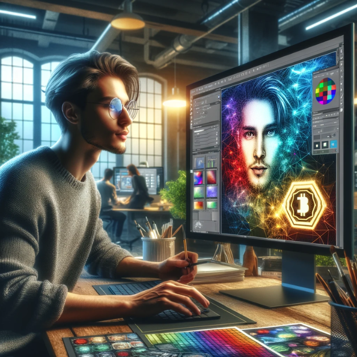 hyper-realistic square image showing an attractive young individual in the process of creating their own Crypto Stamp. The scene should be set in a contemporary, creative workspace, filled with digital design tools and technology. Imagine a large, sleek monitor displaying a sophisticated design software interface, with the young creator intently focusing on perfecting their unique Crypto Stamp design. The atmosphere should exude creativity, innovation, and a passion for the digital philatelic revolution. Vivid colors and intricate details on the screen should highlight the artistic process involved in Crypto Stamp creation. Ensure the URL 'https://www.cryptostampstop.com/' is elegantly incorporated into the image, blending naturally with the environment.