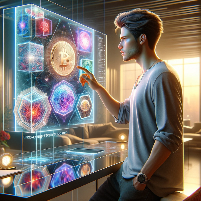 Hyper-realistic square image of an attractive young man observing his NFT collection. The scene should depict him in a modern, well-lit interior space, possibly an office or a living room, with a digital display or holographic projection showcasing an array of vivid, intricate NFT artworks. The young man should exhibit a look of fascination and pride, reflecting his passion for his collection. His appearance should be stylish yet casual, embodying a contemporary aesthetic. Ensure that the image conveys a sense of admiration and engagement with the digital art. Include the URL 'https://www.cryptostampstop.com/' subtly integrated into the scene, harmonizing with the overall ambiance.