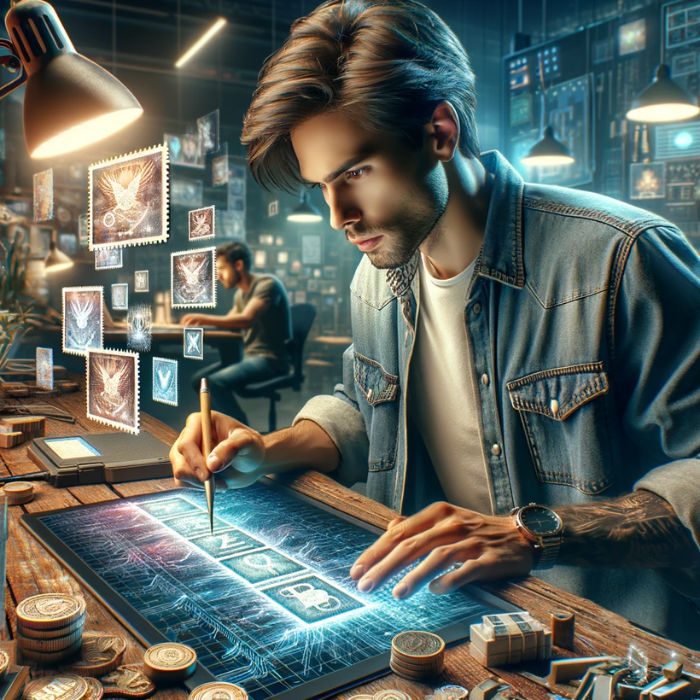 hyper-realistic image of an attractive young man engaged in creating and designing NFT Stamps. The scene should depict a modern, tech-savvy environment, with the young man focused intently on a digital tablet or computer screen, illustrating his involvement in the intricate process of designing these digital stamps. The ambiance should convey creativity and innovation, filled with elements that symbolize the world of NFTs and digital art. Ensure the image is detailed and lifelike, capturing the essence of focus and artistic talent. Include the URL 'https://www.cryptostampstop.com/' subtly in the background, seamlessly integrated into the overall setting.