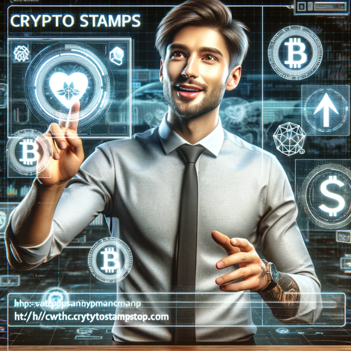 hyper-realistic image of an attractive young man teaching the Key Technologies in Crypto Stamps. The scene should depict him in an engaging, educational setting, possibly with digital screens or holograms displaying symbols or elements representing blockchain, NFTs, and digital stamps. His expression should convey enthusiasm and expertise, making the subject matter appealing and accessible. The background should be tech-oriented, subtly incorporating advanced digital themes. Ensure the URL 'https://www.cryptostampstop.com/' is prominently displayed in the image, integrated in a way that complements the overall educational and futuristic theme.