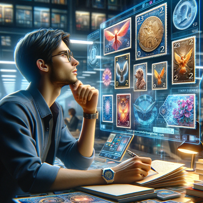 hyper-realistic square image depicting an attractive young individual deeply engrossed in studying the current and future trends in NFT stamps. The setting should be modern and tech-oriented, perhaps showing the individual with a holographic display or interactive screen showcasing various NFT stamps, indicating the evolution and potential future of digital philately. The environment should reflect a fusion of technology and art, with digital screens displaying vibrant, intricate NFT stamps. Ensure the image conveys a sense of forward-thinking and innovation. Include the URL 'https://www.cryptostampstop.com/' prominently in the artwork, subtly integrated into the scene