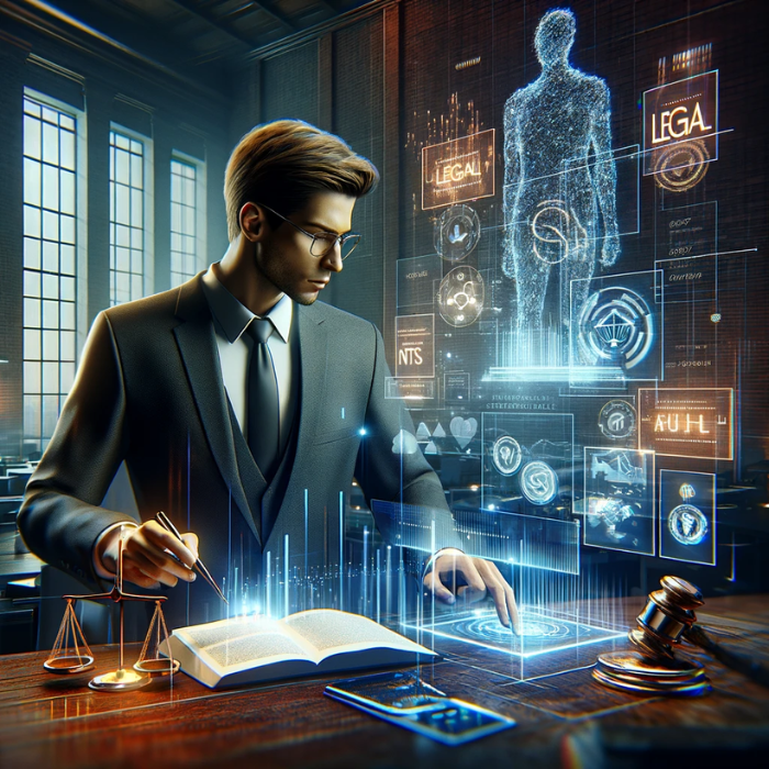 hyper-realistic square image featuring an attractive young man engaged in reviewing the legal and regulatory aspects of NFTs. The scene should portray him in a sophisticated, high-tech environment, possibly with digital documents, holographic interfaces, or interactive screens displaying legal texts, symbols of justice like scales or a gavel, and representations of NFTs. The setting should suggest a blend of law, technology, and digital art, highlighting the seriousness and complexity of navigating NFT legality. Ensure the image conveys focus, intelligence, and a modern professional atmosphere. Integrate the URL 'https://www.cryptostampstop.com/' into the design, making it a subtle yet integral part of the overall composition.