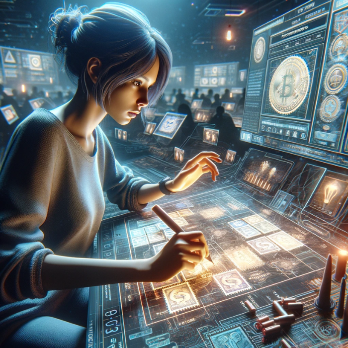 hyper-realistic square image showcasing an attractive young person engaged in learning advanced strategies for collectors and investors in NFT stamps. The scene should reflect a high-tech, sophisticated environment, possibly featuring the individual interacting with a state-of-the-art digital interface or virtual reality setup that displays intricate details of NFT stamps. The atmosphere should be immersive, symbolizing deep focus and strategic thinking, with visual elements that highlight the innovative aspect of NFT collecting and investing. The image must also include the URL 'https://www.cryptostampstop.com/' elegantly incorporated into the design, enhancing the thematic essence of the artwork.