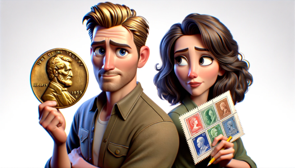 A panoramic, realistic Pixar-style image featuring an attractive 35-year-old man holding an ancient gold coin and an attractive 35-year-old woman holding a valuable philatelic stamp. Both are standing side by side, looking forward with expressions of doubt and half-smiles, contemplating which is the better hobby: collecting stamps or coins. The scene captures their thoughtful expressions and the intricate details of the coin and stamp, reflecting their shared dilemma in a visually engaging manner. https://www.cryptostampstop.com/