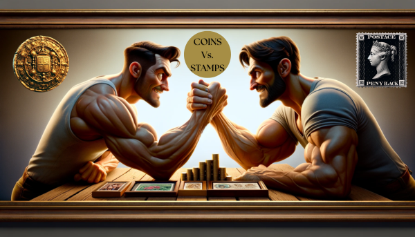 A panoramic, realistic Pixar-style image showcasing two muscular and attractive men engaged in an arm wrestling match. The scene is set horizontally. Beside one man is a picture frame displaying a detailed reproduction of a gold coin, and beside the other man, a frame showcasing a detailed reproduction of a philatelic stamp. The setting is intense and focused, capturing the competitive spirit of the men, with the frames prominently visible, highlighting their respective interests. https://www.cryptostampstop.com/