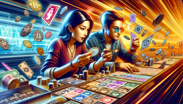 A widescreen Pixar-style image infused with Futurism art style, featuring an attractive young woman around 35 years old, engrossed in her collection of traditional stamps and crypto stamps. Beside her sits an attractive young man, about 37 years old, equally immersed in his numismatic collection of coins and banknotes. The scene blends the tactile world of physical collectibles with the abstract realm of digital assets, creating a dynamic, futuristic environment. They are surrounded by a setting that reflects high-speed, technologically advanced elements typical of Futurism, incorporating fluid lines, glowing digital interfaces, and sleek, modern designs. The image captures their shared enthusiasm for their hobbies, highlighting a fusion of past, present, and futuristic elements in a vibrant, engaging composition. https://cryptostampstop.com/