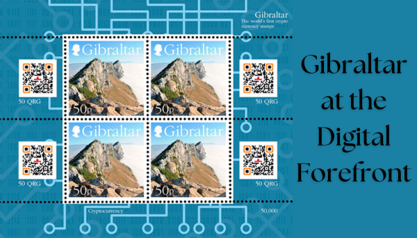 Gibraltar issued a personalized stamp sheet to commemorate its leadership in digital financial technology, specifically in the realm of cryptocurrencies. This innovative stamp features the Rock of Gibraltar and includes unique QR Codes that allow stamp owners to collect free cryptocurrency tokens. Designed by Stephen Perera, the stamp reflects Gibraltar's status as one of the first jurisdictions to regulate distributed ledger technologies. Only 50,000 blocks of these stamps are available, with a special feature allowing the collection of 200 QRG Cryptocurrency tokens per block, emphasizing the exclusivity and innovative nature of this philatelic item.