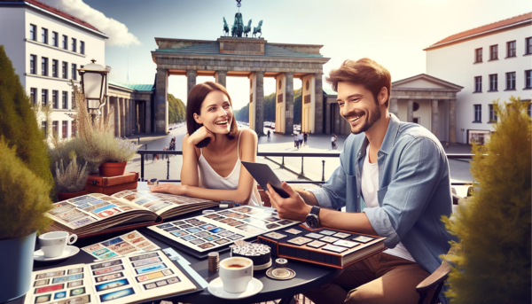 Panoramic image of an attractive young German philatelist couple, around 36 years old, enjoying their philately and crypto stamp collection on the terrace of their home. The Brandenburg Gate is clearly visible in the background, providing a stunning and iconic backdrop. The couple is casually seated, with albums and digital devices displaying their collection. The setting is relaxed and comfortable, indicative of a leisurely afternoon spent indulging in their hobby. Make sure the image conveys a sense of personal connection to the hobby and location, blending the modern aspect of crypto stamps with the traditional hobby of stamp collecting. Include the URL https://www.cryptostampstop.com/ subtly in the image, integrated naturally into the terrace setting, perhaps on a displayed tablet or in the design of the setting itself.