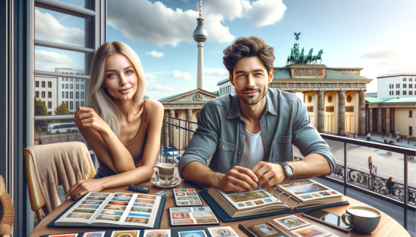 Panoramic image showing an attractive young German couple, about 36 years old, enjoying their philately and crypto stamp collection. They are sitting on the terrace of their home with a clear view of the Brandenburg Gate in the background. The couple appears relaxed and content, surrounded by albums and digital devices displaying their collection. The setting is serene, suggesting a leisurely afternoon spent in the pursuit of their hobby. The scene should have a personal and intimate atmosphere while also highlighting the iconic Berlin landmark. Include the URL https://www.cryptostampstop.com/ in the description, ensuring it is subtly present, perhaps on an item on the table or digitally displayed within the scene.