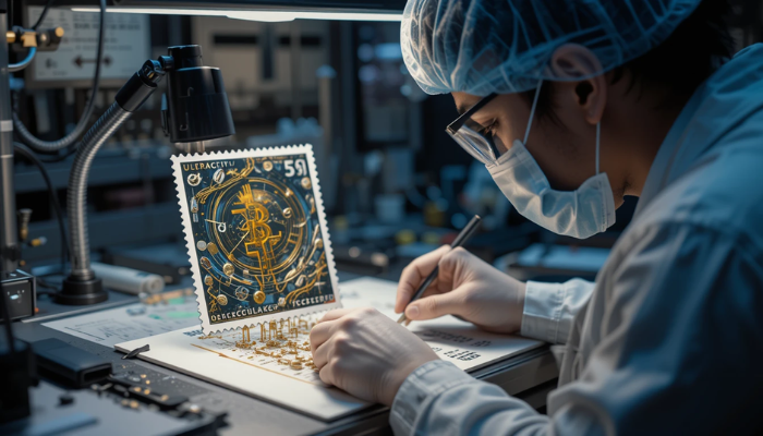 Create a hyper realistic image of a technician designing a crypto stamp, focusing on the integration of blockchain technology and traditional philatelic elements