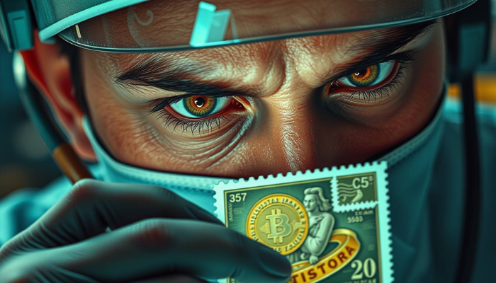 Create a hyper realistic image of a technician designing a crypto stamp, focusing on the integration of blockchain technology and traditional philatelic elements