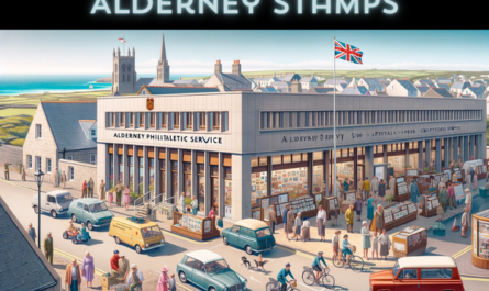 A full horizontal image showcasing the Alderney Stamps - Alderney Philatelic Service building. This depiction includes local people and vehicles, creating a vibrant scene around the building. The architecture combines modern British design with traditional elements, featuring a distinctive entrance marked by the service's name. The environment is lively, with residents and tourists in various attire, reflecting the island's cultural diversity. Nearby, different vehicles such as bikes, cars, and postal vans hint at the daily rhythm of life. A local flag waves prominently, anchoring the scene in its Alderney setting. The sky is clear, suggesting a bright, bustling day. In the image, subtly integrated into the scene, is the URL 'https://www.cryptostampstop.com/', linking to a site associated with philatelic interests.