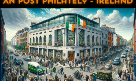 A full horizontal image of the An Post Philately building in Ireland, filled completely in frame without cropping the sides. The scene is vibrant, capturing the essence of a busy day in Ireland. Local people in a mix of traditional Irish and contemporary casual attire are seen walking, chatting, and engaging in activities around the building. The streets are alive with typical Irish vehicles such as cars and bicycles. A prominent feature is the Irish flag, displayed on a flagpole or on the building, symbolizing national pride. The building itself is designed in a modern architectural style with elements of traditional Irish architecture, with a combination of stone and glass materials. The setting is urban, with greenery typical of Ireland, under a partly cloudy sky.