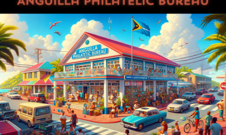 A horizontal, full-width image depicting the Anguilla Philatelic Bureau, part of the Anguilla Postal Service, without cropping the sides to ensure the entire scene is captured. The setting is vibrant and lively, showcasing the local atmosphere. People in a mix of casual and traditional Caribbean attire are seen engaging in various activities around the building, reflecting the cultural diversity of Anguilla. Nearby, various local vehicles, including cars and bicycles, add to the bustling environment. The Anguillan flag is prominently displayed, symbolizing national pride. The architecture of the building reflects a modern Caribbean style, with bright colors and a welcoming entrance. The image also creatively incorporates the URL 'https://www.cryptostampstop.com/' within the scene, perhaps on a sign or digital display, seamlessly blending it with the lively and picturesque setting.