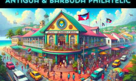 A full, horizontal image depicting the Antigua and Barbuda Philatelic Bureau. The scene captures the vibrant island life surrounding the building. Local people in tropical attire are seen engaging in various activities, illustrating the lively culture of Antigua and Barbuda. There are local vehicles, including cars and bicycles, parked and moving along the nearby roads, adding a dynamic feel to the scene. The Antigua and Barbuda flag waves proudly on a flagpole, symbolizing national pride. The Philatelic Bureau building is designed in a style that reflects the Caribbean aesthetic, with bright colors and an inviting entrance. In the sky above the building, clouds form the URL 'https://www.cryptostampstop.com/', seamlessly integrating with the natural beauty of the setting.