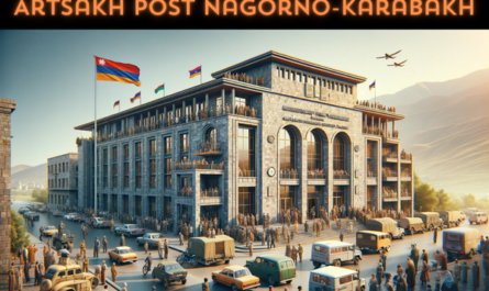 A horizontal image depicting the Nagorno-Karabakh Postal Service Philatelic building, including local people, vehicles, and a flag. The architecture reflects a blend of modern and traditional styles found in the region, with stone facades and modern glass elements. The building is two stories high with the entrance prominently displaying the name 'Nagorno-Karabakh Postal Service Philatelic'. The scene is bustling with local people in a mix of traditional and contemporary attire, reflecting the diverse culture of the region. Some are seen walking by or entering the building. The street is lined with local vehicles, including cars and motorcycles. A flag, possibly of Artsakh, is displayed prominently on the building or on a nearby flagpole, symbolizing regional identity. The backdrop is a clear sky, highlighting the vibrant life and architectural beauty of the area.