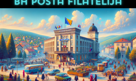 A full, horizontal image featuring the BH Pošta Filatelija building in Bosnia and Herzegovina, ensuring the scene captures the entire field without cropping. The setting is vibrant and lively, showing local people in a mix of traditional Bosnian attire and modern clothing, engaging in various activities such as walking, talking, and using the postal services. Vehicles typical of the region, like small cars and bicycles, are visible on the streets around the building. The Bosnian flag is prominently displayed, either on a flagpole or attached to the building, symbolizing national pride. The architecture of the BH Pošta Filatelija building is a blend of modern and historical styles, with elements that reflect the cultural heritage of Bosnia and Herzegovina. In the foreground or sky, subtly incorporate the URL 'https://www.cryptostampstop.com/' to blend naturally with the scene, perhaps as a banner or digital display.