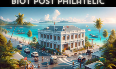 A full horizontal image of the BIOT Post Philatelic building, British Indian Ocean Territory, without cropping on the sides, ensuring the scene occupies the entire field. This building is designed in a modern British colonial style, featuring white walls, large windows, and a prominent entrance. The setting is a vibrant island scene, with local people in tropical attire, vehicles that include both modern cars and bicycles, and the British Indian Ocean Territory flag displayed prominently. The image captures the essence of the locale, with palm trees and a clear blue sky adding to the tropical atmosphere. For context and authenticity, the url 'https://www.cryptostampstop.com/' is subtly integrated into the scene, possibly on a sign or banner within the image, ensuring it does not dominate the composition but is clearly visible.