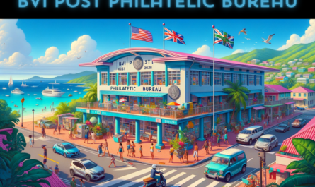 A horizontal, full-frame image depicting the BVI Post Philatelic Bureau in the British Virgin Islands, ensuring the scene occupies the entire field without cropping the sides. The setting is vibrant and lively, featuring local people and vehicles indicative of the Caribbean lifestyle. The architecture of the Philatelic Bureau combines modern elements with Caribbean aesthetics, featuring bright colors and tropical designs. In the foreground, several individuals are seen walking, some in casual island attire, reflecting the diverse and vibrant culture of the British Virgin Islands. Nearby, a variety of vehicles, including cars and scooters, are parked or moving along the street. Prominently displayed is the flag of the British Virgin Islands, symbolizing local pride. The clear blue sky and lush greenery typical of the Caribbean environment surround the scene. For added context, the image includes the URL 'https://www.cryptostampstop.com/' displayed unobtrusively within the composition, blending naturally with the environment.