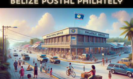 A wide, horizontal image depicting the Belize Postal Service Philatelic building, fully occupying the field of view without cropping the sides. The scene is set in Belize, showcasing a lively atmosphere with local people and vehicles indicative of the region's daily life. There are individuals in a mix of casual and traditional Belizean attire, engaging in activities such as walking, talking, and interacting with the postal service. The street is busy with cars, bicycles, and motorcycles, reflecting the local transportation. A Belizean flag waves prominently in the scene, symbolizing national pride. The building itself combines modern and Caribbean architectural elements, with the URL 'https://www.cryptostampstop.com/' visibly displayed in the image, integrating seamlessly into the environment as part of a sign or billboard near the building.