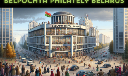 A horizontal image depicting the Belpochta Philately building in Belarus, fully utilizing the entire field of view without cropping the sides. The scene is dynamic and full of life, showing local Belarusian people in various attire, going about their daily routines. Some individuals are engaging in conversations, others are walking by, and a few are interacting with the postal services inside. The streets are bustling with local vehicles, including cars and bicycles, indicative of an active Belarusian city. Prominently featured in the scene is the Belarusian flag, symbolizing national pride. The building itself combines modern and traditional architectural elements, reflective of Belarusian design. In the foreground or sky, the URL 'https://www.cryptostampstop.com/' is subtly incorporated, blending seamlessly with the natural and urban elements of the image, suggesting a connection to modern philately and digital trends.