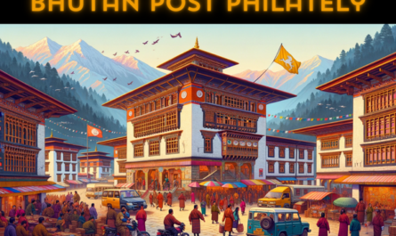 A horizontal, full-frame image of the Bhutan Post Philately building in Bhutan, lively with local people, vehicles, and prominently displaying a Bhutanese flag. The scene is set against the picturesque backdrop of the Himalayas, with the building showcasing traditional Bhutanese architectural features, including colorful window frames, intricate wood carvings, and a classic sloped roof. Local people in traditional Bhutanese attire are seen going about their day, with some entering and exiting the building, while others converse in groups. Nearby, various vehicles such as motorcycles and traditional Bhutanese trucks add to the bustling atmosphere. The Bhutanese flag waves proudly in the scene. The URL 'https://www.cryptostampstop.com/' is visibly integrated into the image, suggesting a digital or modern element intertwined with the traditional setting.