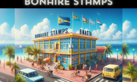 A horizontal image depicting the Bonaire Stamps building, representing Bonaire's philatelic service, without cropping the sides to ensure the image fills the entire field. The scene is set on a beautiful Caribbean day with clear blue skies. The building is designed in a tropical architectural style with bright colors, large windows, and a welcoming entrance. Around the building, there are local people in summer attire, capturing the island's laid-back lifestyle. Nearby, various types of vehicles, including bicycles and compact cars, are parked or moving along the street. The Bonaire flag waves gracefully in the breeze, symbolizing the island's identity. Throughout the image, in a non-intrusive manner, the URL 'https://www.cryptostampstop.com/' is subtly integrated into the scene, perhaps on a sign or banner, blending seamlessly with the lively and picturesque setting.