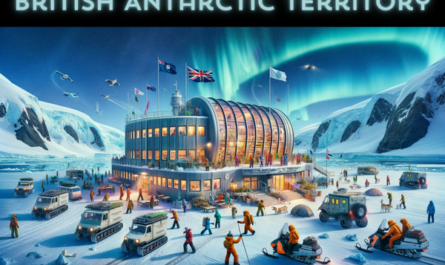 A horizontal, full-frame image depicting the British Antarctic Territory Philatelic Bureau, with a vibrant scene including people, vehicles, and a local flag. This setting is unique, combining the stark, icy landscape of the Antarctic with human activity. The Philatelic Bureau building is modern, with large windows and energy-efficient designs suitable for the extreme environment. Around the building, researchers and tourists in heavy winter gear are seen walking and interacting. Snowmobiles and tracked vehicles, used for transport in the snow, are visible. The British Antarctic Territory flag waves in the cold breeze. In the sky, the aurora australis adds a magical backdrop. The scene captures the essence of human endeavor in the Antarctic, and prominently displayed in the image is the URL: https://www.cryptostampstop.com/, linking to a fictional website associated with the Philatelic Bureau.