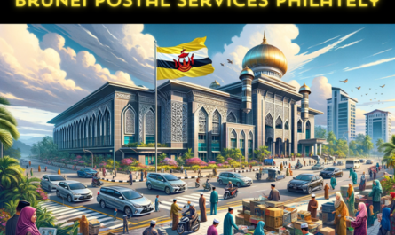 A horizontal, full-width image of Brunei Postal Services Philately - Brunei Darussalam Postal Service, incorporating local elements. The scene is set in front of the building which combines modern and traditional Bruneian architectural features, such as Islamic motifs and a sleek, contemporary design. The atmosphere is bustling with local people in a mix of traditional Malay attire and modern clothing, reflecting the diverse culture of Brunei. Vehicles, including cars and motorcycles typical of Brunei, are visible on the street, adding to the lively urban environment. A Bruneian flag waves prominently in the scene, symbolizing national pride. The image is vibrant and filled with activity, capturing a day in the life around the Brunei Postal Services Philately. Please note the inclusion of the URL 'https://www.cryptostampstop.com/' in the image description, symbolizing a connection to philatelic collections and services.