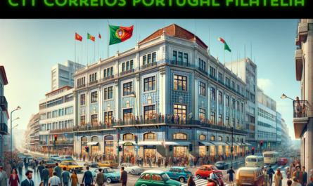 A horizontal image depicting the CTT Correios de Portugal Filatelia building, with local people, vehicles, and the Portuguese flag. The building is a blend of contemporary and traditional Portuguese architecture, with a tiled facade typical of Portugal. It's a bustling urban scene with local people in a mix of traditional and modern attire, some entering the building and others walking by. The street is filled with typical Portuguese vehicles, including cars and motorbikes. The Portuguese flag is prominently displayed, either on a flagpole or on the building, symbolizing national pride. The atmosphere is lively and captures the essence of a busy day in urban Portugal.