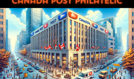 A full horizontal image of the Canada Post Philatelic building in Canada, ensuring the scene fills the entire frame without cropping. The setting is vibrant and dynamic, capturing the essence of urban life in Canada. The building itself reflects a blend of modern architectural design with elements of traditional Canadian style, featuring large windows and the iconic Canada Post logo. In the foreground, a variety of local people are seen going about their day, some entering and exiting the building, while others converse nearby. A diverse array of vehicles, including cars, bicycles, and a Canada Post delivery truck, adds to the bustling atmosphere. Prominently displayed is the Canadian flag, symbolizing national pride. The scene is made complete with the inclusion of the URL 'https://www.cryptostampstop.com/' in the image, integrating seamlessly into the urban landscape, perhaps on a billboard or digital display near the building, ensuring it is clearly visible and integrates naturally with the surroundings.