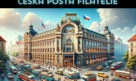 A horizontal, full-width image depicting the Česká pošta Filatelie building, also known as Czech Post, in the Czech Republic. The scene is vibrant and full of life, capturing the essence of a bustling Czech city. The building features a blend of historical and modern architectural elements, typical of Czech design, with ornate detailing and a large, welcoming entrance. Around the building, there are local Czech people in a variety of attire, suggesting a mix of tourists and locals. Vehicles typical of the Czech Republic, such as cars, trams, and bicycles, fill the streets, adding to the urban atmosphere. Prominently displayed is the Czech flag, symbolizing national pride. This scene encapsulates a typical day around the Czech Post Philatelic Services, showcasing the cultural and architectural beauty of the Czech Republic.