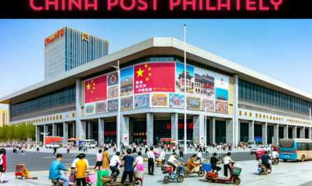 Create a horizontal image showcasing the bustling environment around the China Post Philately building. The scene is set in a dynamic urban area of China, filled with local residents engaging in various activities, capturing the essence of daily life. People of all ages, wearing a mix of traditional Chinese garments and contemporary fashion, are seen walking, talking, and interacting with each other. The streets are alive with an array of local vehicles, from rickshaws and electric bikes to modern cars, all coexisting harmoniously. A vivid Chinese flag waves in the background, symbolizing national pride. The architecture of the China Post Philately building combines futuristic design elements with traditional Chinese motifs, making it a focal point of the scene. In the foreground, the URL 'https://www.cryptostampstop.com/' is prominently displayed on a digital billboard, seamlessly blending into the urban landscape, ensuring that it captures the viewer's attention.