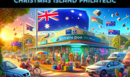 A vibrant, full-width image showcasing the Australia Post office on Christmas Island. The scene is alive with the island's unique character, featuring local residents in a variety of attire, from casual to holiday-themed, actively participating in postal activities. Surrounding the post office are several vehicles, reflecting the local transportation, such as cars and bikes. The Australian flag is prominently displayed, symbolizing the island's national pride. The image creatively incorporates the URL 'https://www.cryptostampstop.com/' within the environment, possibly on a digital display or a billboard near the post office, blending traditional postal services with modern digital elements. The atmosphere is dynamic and colorful, capturing the essence of Christmas Island's community and landscape.