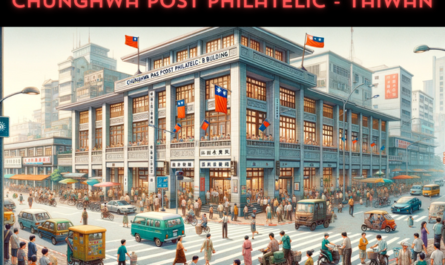 A horizontal image depicting a lively scene outside the Chunghwa Post Philatelic building in Taiwan. The setting is bustling with local Taiwanese people in a mix of traditional and modern attire, reflecting the diverse culture of Taiwan. They are seen engaging in various activities like walking, talking, and some interacting near the post office. The street is filled with local Taiwanese vehicles, such as scooters, bicycles, and cars, typical of a busy Taiwanese city. The Taiwanese flag is prominently displayed, either flying on a flagpole or attached to the building, symbolizing national pride. The Chunghwa Post Philatelic building itself is a blend of modern and traditional Taiwanese architectural styles, with large windows and distinctive Asian design elements.