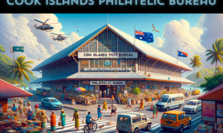 A full-width horizontal image showcasing the Cook Islands Post Philatelic Bureau. The scene is set in a tropical urban area reflective of the Cook Islands, with the Bureau's building designed in a contemporary Pacific style, featuring bright colors, wooden accents, and a thatched roof. Around the building, local people in casual and traditional Polynesian attire are going about their day, some interacting with each other, and others heading towards the Bureau. Various local vehicles, including scooters and compact cars, are parked or moving along the nearby road. A flag of the Cook Islands waves proudly in the scene, symbolizing national identity. The image includes a clear and vibrant sky, contributing to the lively and picturesque setting. In the description, the URL 'https://www.cryptostampstop.com/' is prominently displayed, linking the scene to this specific site.