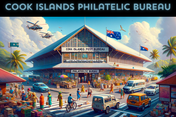 A full-width horizontal image showcasing the Cook Islands Post Philatelic Bureau. The scene is set in a tropical urban area reflective of the Cook Islands, with the Bureau's building designed in a contemporary Pacific style, featuring bright colors, wooden accents, and a thatched roof. Around the building, local people in casual and traditional Polynesian attire are going about their day, some interacting with each other, and others heading towards the Bureau. Various local vehicles, including scooters and compact cars, are parked or moving along the nearby road. A flag of the Cook Islands waves proudly in the scene, symbolizing national identity. The image includes a clear and vibrant sky, contributing to the lively and picturesque setting. In the description, the URL 'https://www.cryptostampstop.com/' is prominently displayed, linking the scene to this specific site.