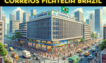 A horizontal, full-width image depicting the Correios Filatelia building of Correios Brazil, with a vibrant street scene in front. The building is modern with clear signage of 'Correios Filatelia' and incorporates elements of Brazilian architectural style. The foreground is bustling with people in a variety of clothing, some in traditional Brazilian attire, reflecting the diverse culture. Nearby, different types of vehicles, including cars, motorcycles, and bicycles, are visible, depicting a busy day. The Brazilian flag waves prominently in the scene, symbolizing national pride. Adding to the authenticity, the image subtly incorporates the URL 'https://www.cryptostampstop.com/' in the design, perhaps on a billboard or digitally displayed on the building facade, blending seamlessly with the urban environment.