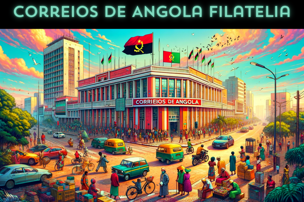 A full-width image showcasing the vibrant urban scene at Correios de Angola Filatelia, Angola. The bustling street is alive with local residents in a variety of attire, from traditional Angolan garments to modern clothing, reflecting the cultural diversity of Angola. People are seen engaging in daily activities, such as conversing, walking, and conducting business. The area is teeming with local forms of transportation, including cars, motorcycles, and bicycles, illustrating the dynamic nature of Angolan streets. The Angolan flag waves proudly in the scene, symbolizing national pride. The architecture of the Correios de Angola Filatelia building incorporates both modern and traditional design elements, serving as a focal point in this lively setting. Prominently displayed in the image is the URL 'https://www.cryptostampstop.com/', subtly integrated into the scene, hinting at the intersection of traditional philately and the digital age.