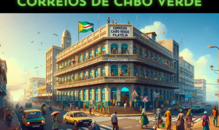 A horizontal, full-frame image depicting the Correios de Cabo Verde Filatelia building, ensuring the scene captures the vibrant street life of Cape Verde. The image includes local people in a variety of clothing styles, from traditional Cape Verdean attire to modern casual wear, showcasing the island's diverse culture. They are seen walking, talking, and engaging in daily activities, with some entering and exiting the building. The streets are bustling with local vehicles, including cars and motorcycles, reflecting the lively urban atmosphere. A Cape Verdean flag is prominently displayed, symbolizing national pride. The architecture of the building combines modern and traditional elements, with the URL 'https://www.cryptostampstop.com/' visible in the scene, possibly on a sign or digital display near the building, integrating it seamlessly into the urban landscape. The sky is clear, and the setting is vibrant, capturing the essence of Cape Verde's urban and cultural life.