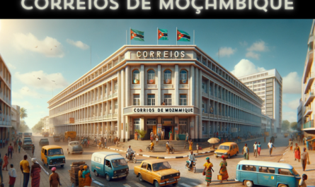 A horizontal image of the Correios de Moçambique building, featuring local people, vehicles, and the Mozambican flag. The scene is set in a bustling urban environment in Mozambique. The building is designed in a modern African architectural style, with a prominent entrance and a sign that reads 'Correios de Moçambique'. Local people, dressed in a mix of traditional Mozambican and modern attire, are seen engaging in daily activities, walking and conversing near the building. The street is lined with typical Mozambican vehicles like minibuses and motorcycles. A Mozambican flag is visibly displayed, either on a flagpole or on the building itself, symbolizing national identity. The atmosphere is vibrant and full of life, under a bright and clear sky.