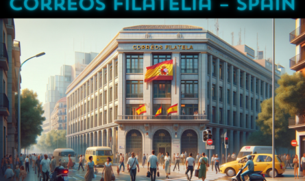 A horizontal image of the Correos Filatelia building in Spain, including local people, vehicles, and the Spanish flag. The scene captures the vibrant street life typical of Spain. People are shown in a variety of attire, reflecting the diverse Spanish culture. Some are casually strolling, others are engaged in conversation, and a few are entering or leaving the building. The street is bustling with local vehicles, including cars and mopeds, adding a sense of movement and everyday life. The Spanish flag is prominently displayed, either on a flagpole or on the building, symbolizing national pride. The building itself reflects a modern European architectural style, with large windows and a sleek facade, situated in an urban Spanish setting.